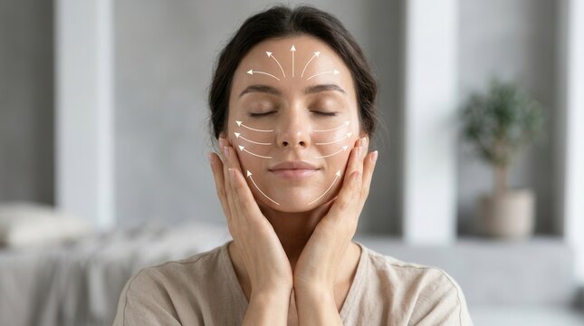 Woman performing face yoga massage with marked facial lines for lifting and sculpting skin and muscle tone.