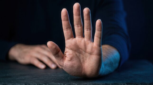 Raised hand in stop gesture with blurred hand behind symbolizing assertiveness, boundary setting, refusal, self control, and personal power.