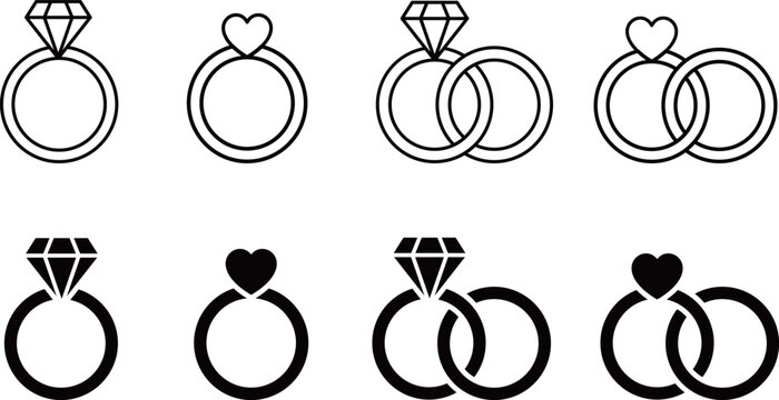 ベクターでモノクロの婚約指輪に関する線画とシルエットのアイコンセット
