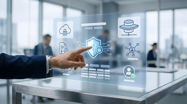 Enterprise IT security governance with administrator configuring secure cloud infrastructure and digital privacy compliance dashboard