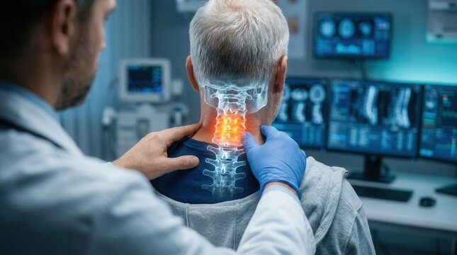 Doctor examining patient neck with highlighted cervical spine overlay for trauma rehabilitation and injury pain management.