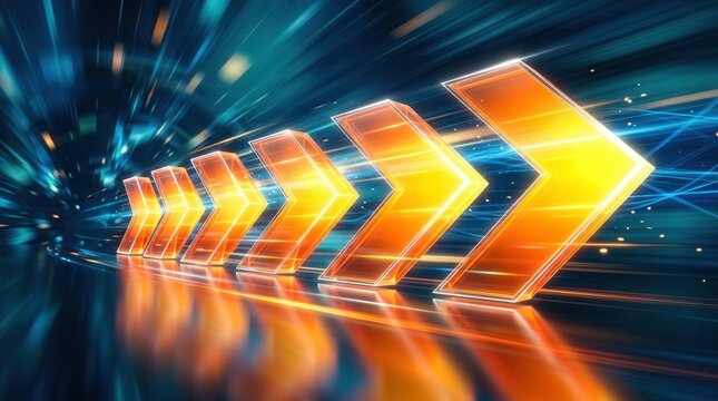 Orange chevron arrow moving forward over blurred blue background symbolizing business transformation and growth through speed, direction, innovation and momentum.
