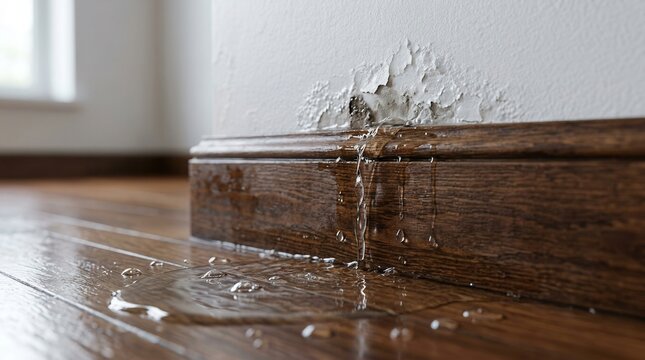 Closeup of water leaking along a wall and wooden floor, showing urgent plumbing failure and moisture damage.