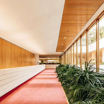 Architectural interior photograph featuring a long hallway with wood paneling and large windows architecture corridor