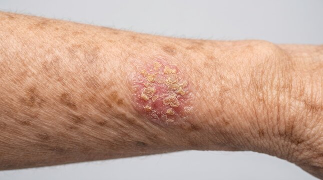 Close up of an elderly patient's arm showing a scaly crusty lesion indicative of actinic keratosis or skin cancer