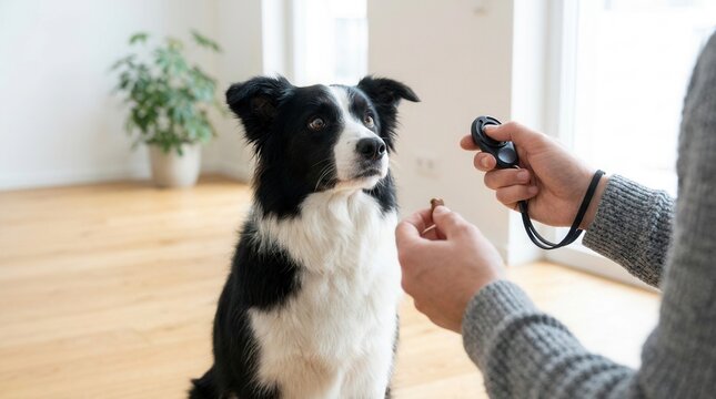 Border collie receiving obedience training indoors with clicker and treat.