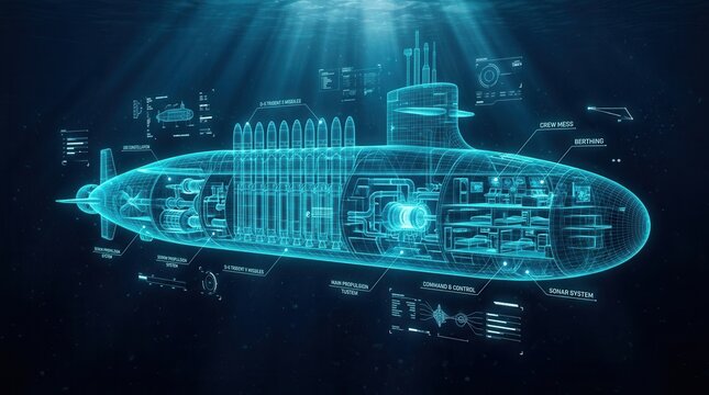 Digital cross-section of a submarine with overlays on propulsion, missile silos, and living spaces in a deep blue underwater setting.