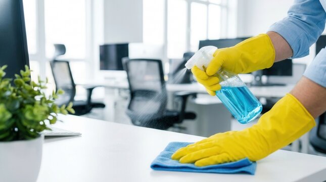 Gloved janitor sprays disinfectant on office desk near monitor and keyboard for workplace hygiene.