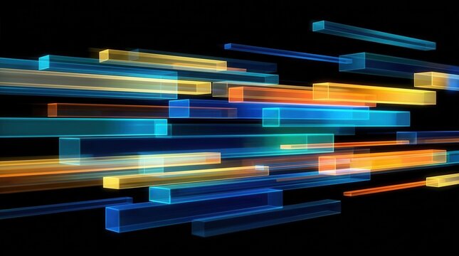 Colorful light bars in abstract streaks over a black background representing digital transformation process, data flow, speed, integration, and technological shift.