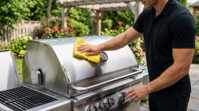 Man polishing stainless steel barbecue grill with yellow cleaning cloth in an outdoor cooking area