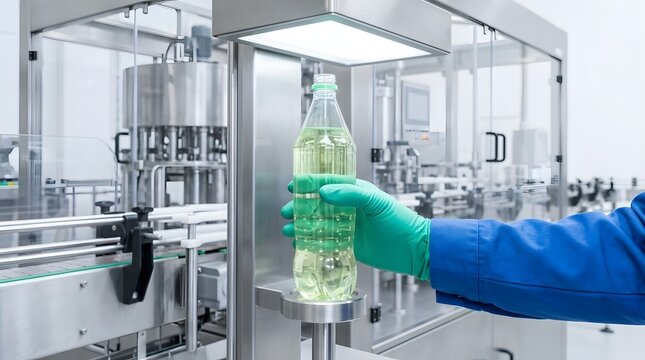 Quality Control Inspection of Yellow Liquid Bottle in Modern Factory