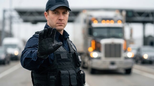 Close-up border control scene with a customs officer halting freight trucks, focused on the officer&rsquo;s gloved hand and stop signal.