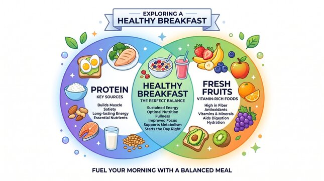 Healthy breakfast infographic with protein and fresh fruits, balanced meal nutrition chart, colorful food diagram for wellness