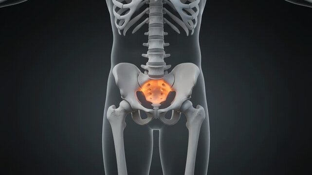 Human pelvis bone glowing highlighting internal hip and sacrum pain
