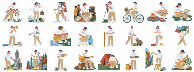 Fototapeta premium A diverse collection of volunteer and community service illustrations showing characters engaged in environmental, social, and educational activities outdoors.