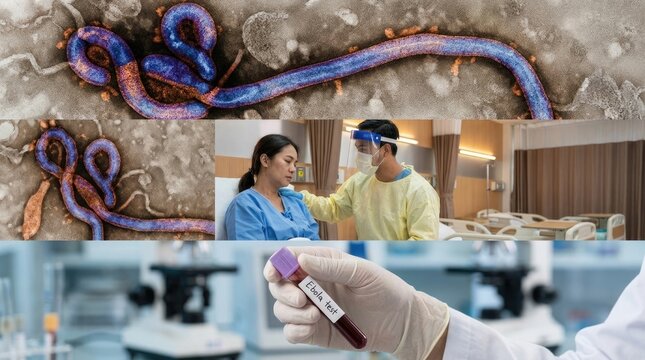 Pathogen organism ebola: virus structure, host reaction, clinical diagnose, medical worker, blood sample, research laboratory, public health.