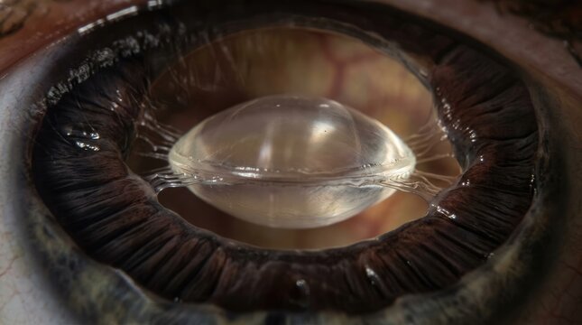 Eye crystalline lens suspended by zonular fibers inside pupil, showing macro anatomy of human ocular iris, visualizing internal structure, demonstrating medical vision biology organ.