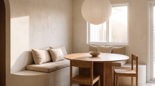 Minimalist dining nook with wooden table and built-in bench seating
