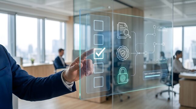 Automated compliance audit workflow and task management dashboard on transparent holographic screen in modern corporate office