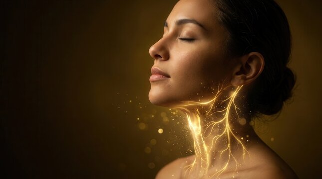 Woman practicing slow breath with glowing vagus nerve visualization and a serene face.