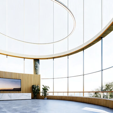 Architectural interior with curved windows and wooden paneling a bright and modern photo architecture circular