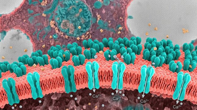 Neuronal acetylcholine receptor proteins embedded in a lipid bilayer cell membrane, demonstrating nicotine molecules hijacking synapse channels, triggering calcium ion influx.