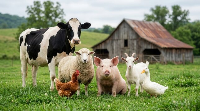 A group of farm animals including a cow, sheep, and pig standing together in a green field near a barn.