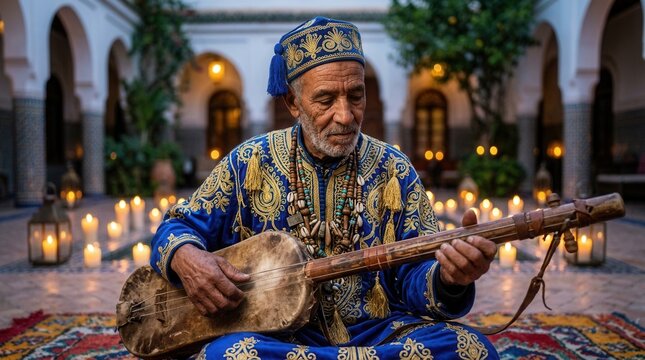 Moroccan gnawa musician plays sintir lut