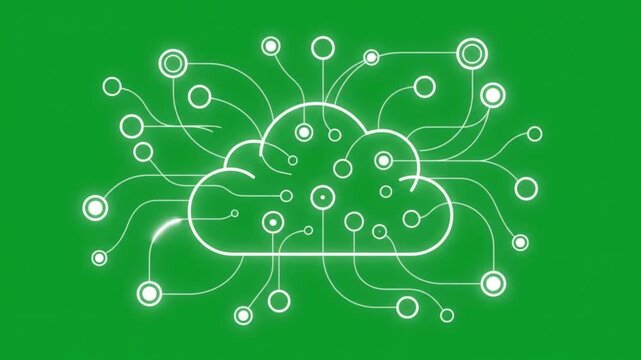 Glowing digital cloud computing network animation with data flow connections on green screen key d