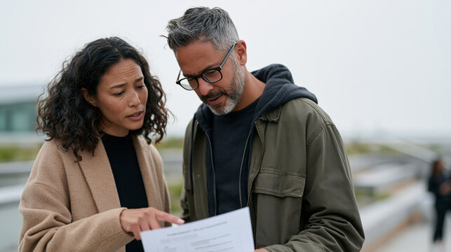 A supplement consultant couple stand on an overcast rooftop garden examining supplement lab reports together, one partner pointing to efficacy data on a printed sheet while the