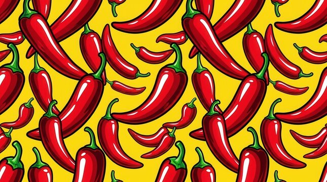 Repeating pattern of red chili peppers in a vibrant pop art illustration on yellow background