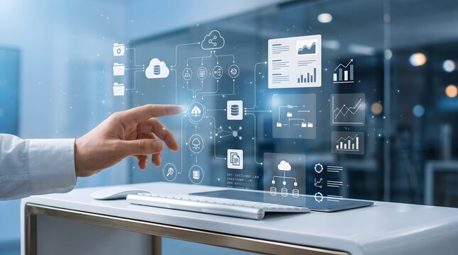 Cloud computing infrastructure network architecture with interactive holographic data integration flowchart above desk