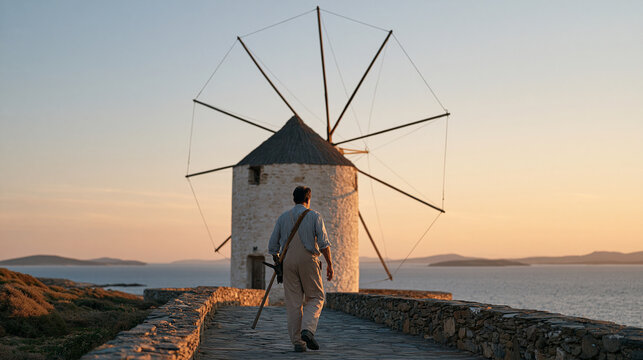 A windmill keeper at golden hour walking the perimeter of a traditional stone mill structure, single professional silhouetted against warm fading sky, maintenance tools over