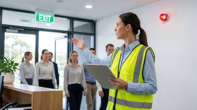 Female fire warden in a reflective vest guiding office workers toward the exit during an emergency evacuation drill.