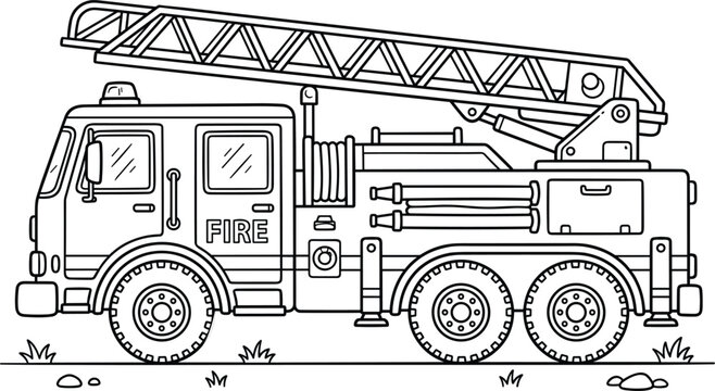 Fire engine truck vector line art illustration with extendable ladder for children coloring book pages and emergency service transport design