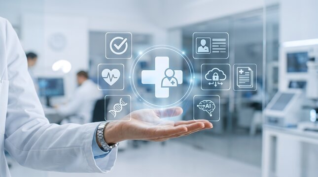 Advanced medical informatics dashboard floating over doctor hand showing artificial intelligence healthcare technology and secure patient data