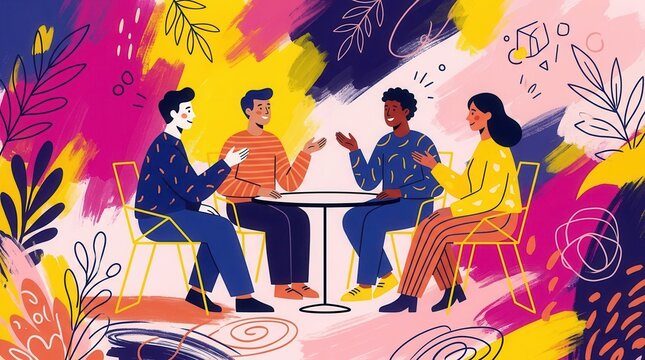 Four diverse individuals sit around a small table in an abstract scene symbolizing corporate inclusion, multicultural teamwork, and shared ideas.