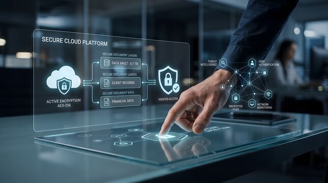Enterprise cybersecurity platform dashboard showing active encryption and zero trust network data protection system