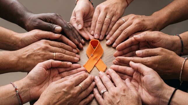 Orange awareness ribbon symbol, diverse hands in circle for support, community solidarity for multiple sclerosis and leukemia awareness