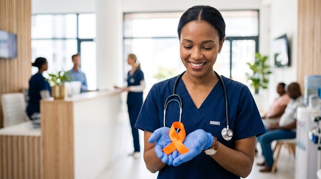 Smiling nurse holding orange awareness ribbon, healthcare professional in blue scrubs supporting multiple sclerosis and leukemia campaigns