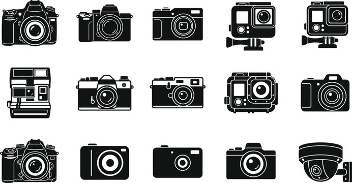 Photography and video equipment solid black silhouettes icons collection featuring dslr mirrorless action instant and surveillance cameras