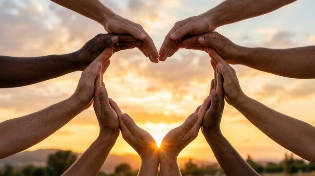 Diverse hands forming a heart shape symbol of unity and love against a bright sunset sky