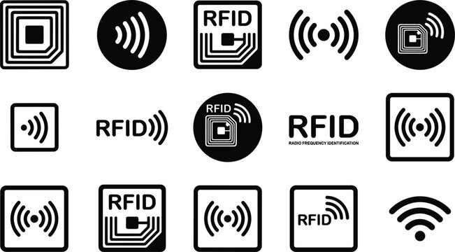 Radio frequency identification rfid technology icons set vector black silhouettes of contactless microchip sensor and wireless data scanner