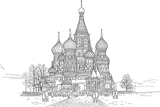 Saint Basils Cathedral in Moscow line art drawing with traditional onion domes on Red Square vector sketch illustration