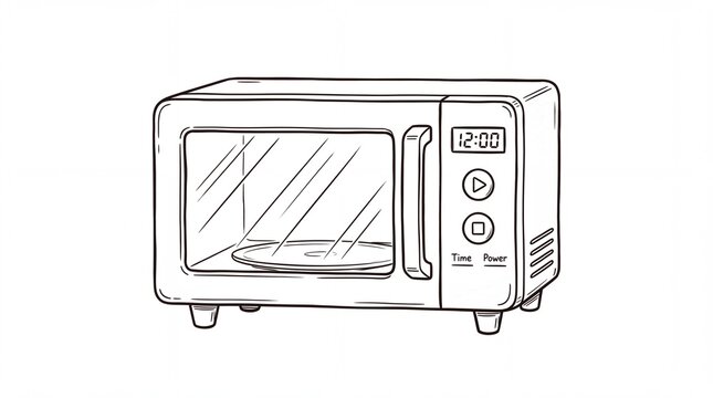 Modern kitchen microwave appliance depicted as a simple black line sketch illustration isolated on white background