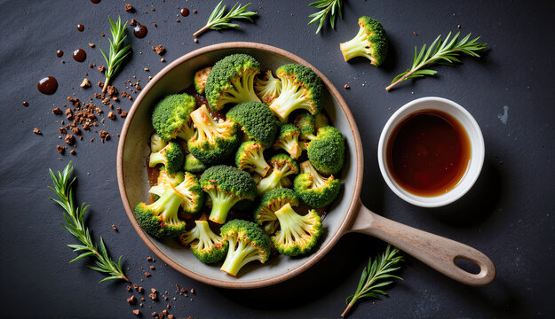 Roasted broccoli florets in a pan with savory sauce. Flat lay of healthy green vegetables on a dark textured background