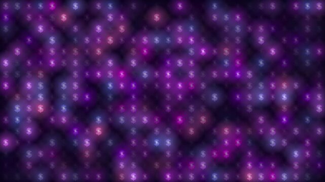 Abstract purple dollar sign pattern with glowing lights and bokeh effect for financial background