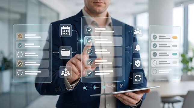Corporate task management interface with digital workflow checklist and automated team project planning