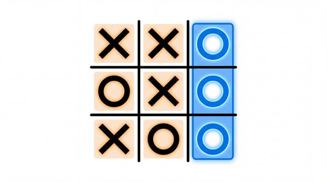 Tic tac toe game showing blue circles winning against black crosses in simple style on white background