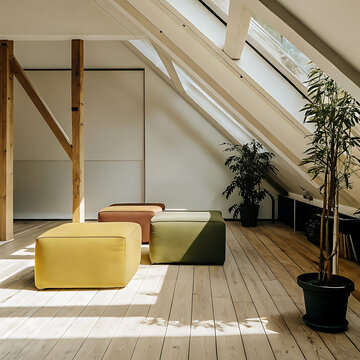 Architectural interior photograph featuring a light filled attic room with wooden beams and minimalist furniture